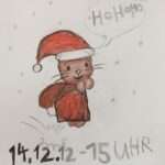 Ein Weihnachts-Kätzchen ruft "Ho, Ho, Ho!" Darunter: "14.12., 12 bis 15 Uhr"