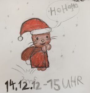 Ein Weihnachts-Kätzchen ruft "Ho, Ho, Ho!" Darunter: "14.12., 12 bis 15 Uhr"