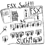 Kinderzeichnung eines Klassenzimmers – zu einer Person gibt es eine Denkblase; Text im Bild: "FSX sucht!!!"